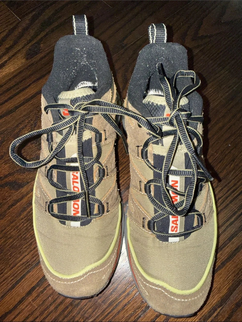 Salomon Men's Tan and Black Trail Sneakers with Lime Accents